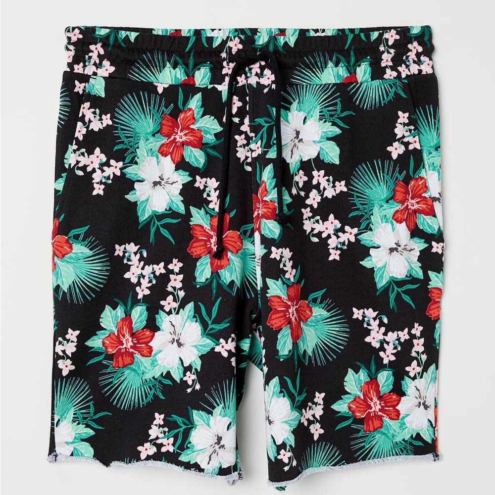 H&M Divided Black Sweatshorts with Raw Hem & Floral Design Shorts